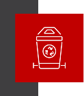 White recycling bin icon on a red background.