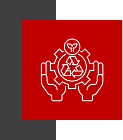 Red square with white eco-friendly hands and recycling symbol.