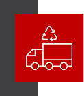 White recycling truck icon on a red background.